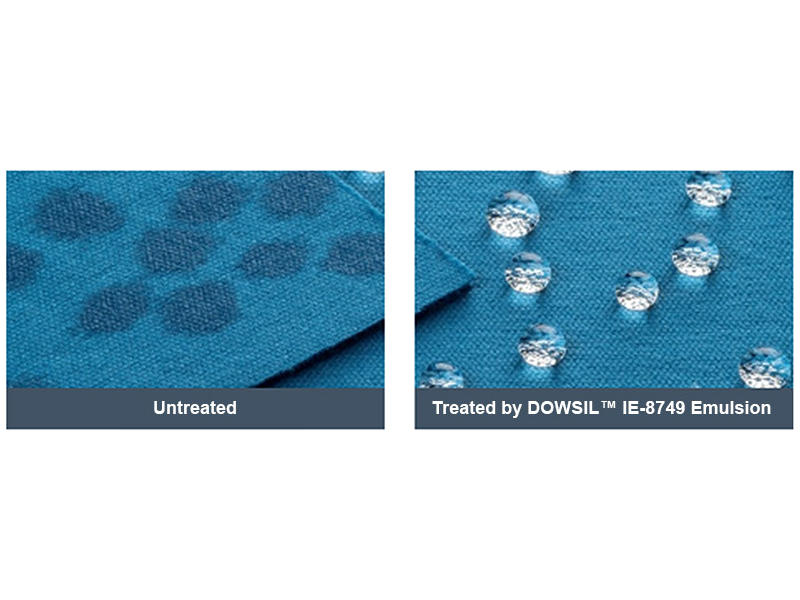 Tecido azul com manchas de água em tecido não tratado juntamente com tecido azul tratado