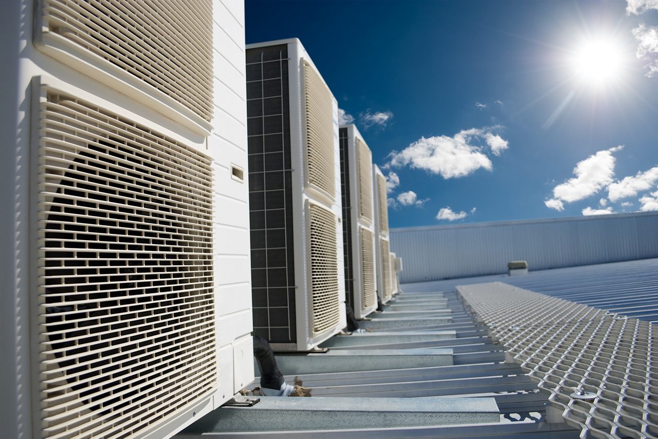 Air conditioner units (HVAC) on a roof of an industrial building  