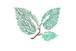 Vector circuit board twig with leaves, conceptual symbol of innovation and growth in business