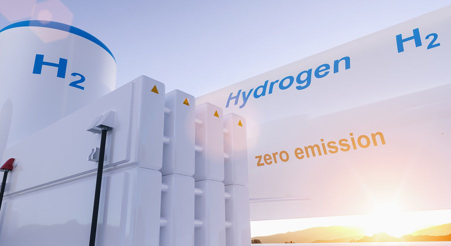 Hydrogen renewable energy production - hydrogen gas for clean electricity solar and windturbine facility. 3d rendering.