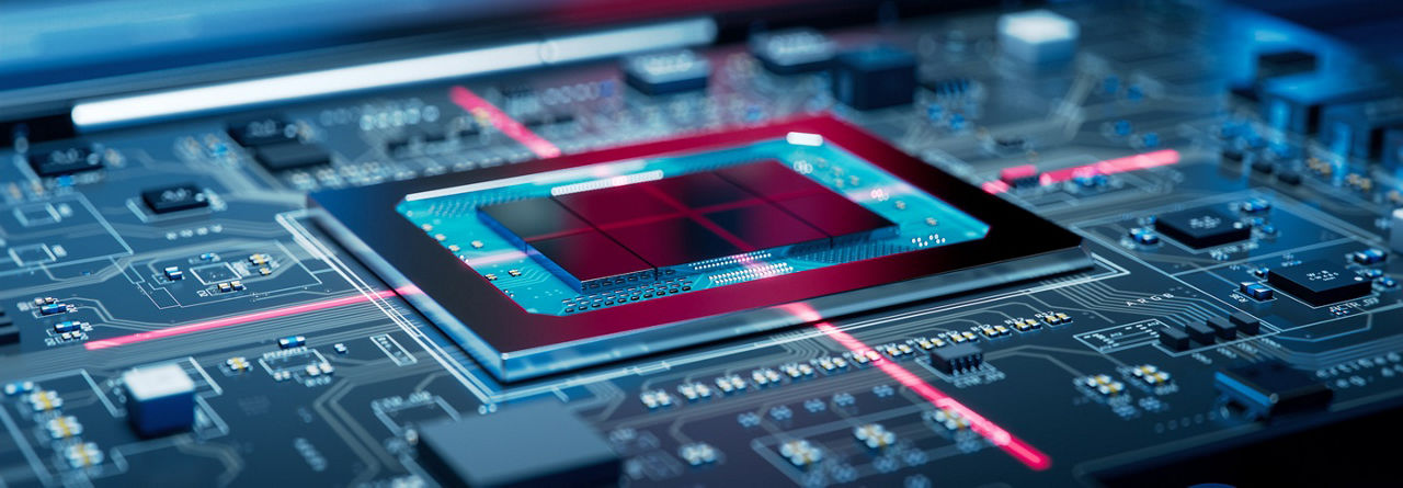 Printed Circuit Board with Advanced Processing Unit. Electronic Devices Production Industry. Fully Automated PCB Assembly Line. Conveyor on Electronics Factory. 