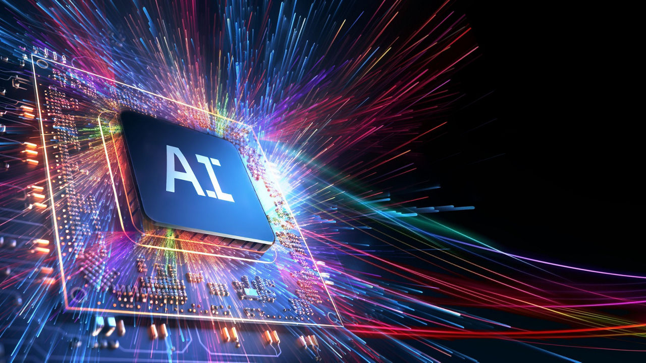 AI word on microchip and colorful light spread with strong beam , AI concept with copyspace banner background, Generative AI. 