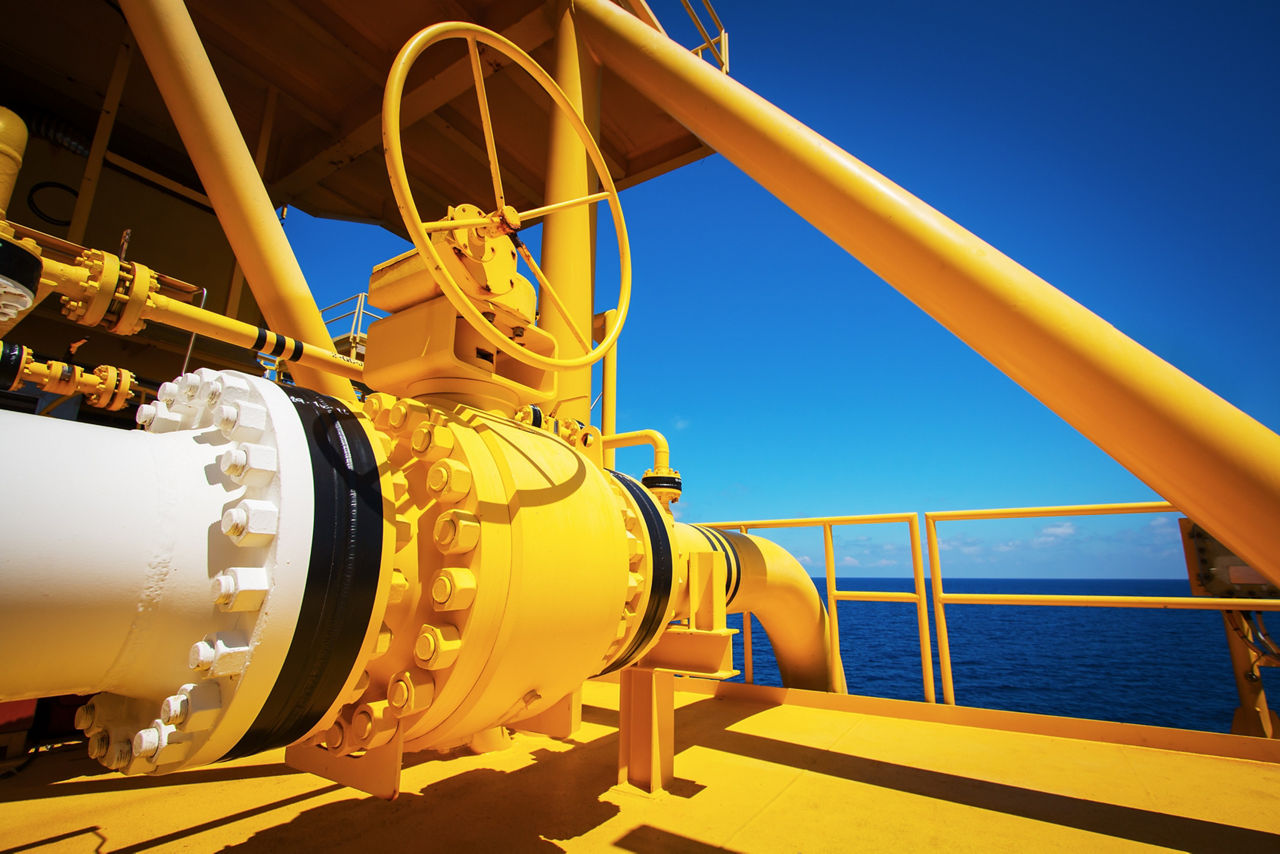 Manual operate ball valve at offshore oil and gas central processing platform, manual valve