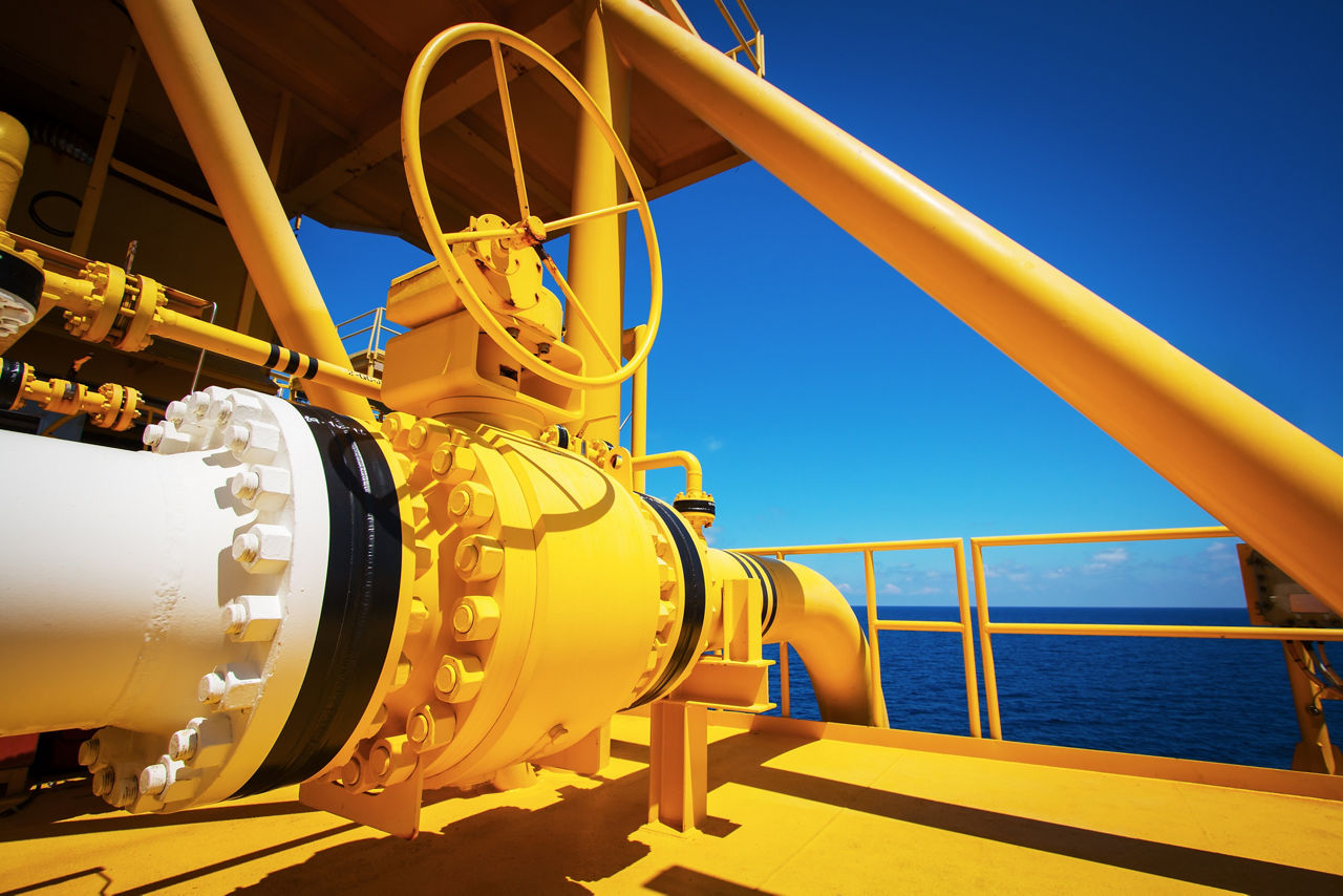 Manual operate ball valve at offshore oil and gas central processing platform, manual valve