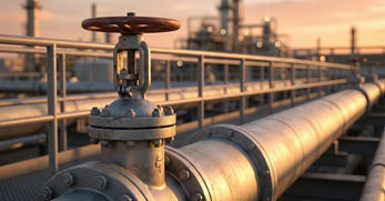 Industrial gate valve with a red handle is mounted on a large metallic pipeline, surrounded by other pipes and structures in an oil refinery at sunset