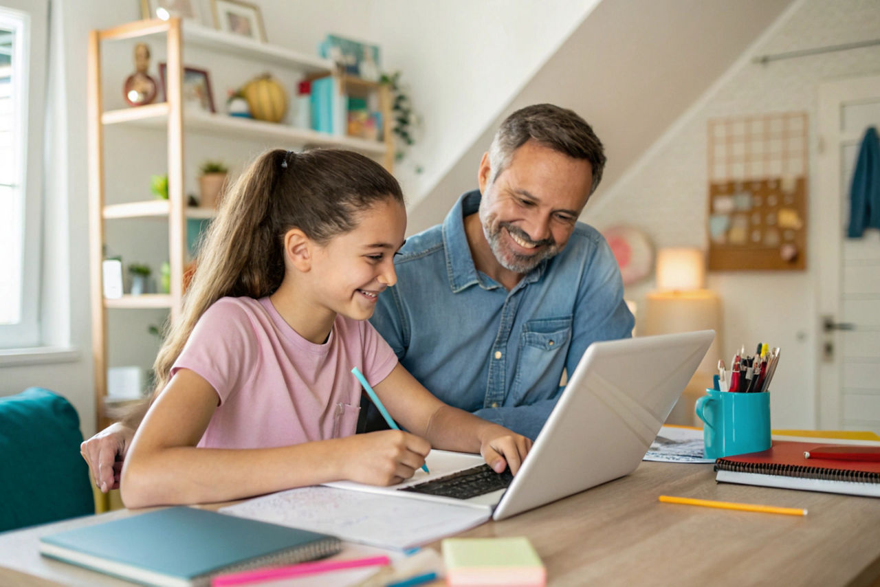 Father child home family homework daughter girl cheerful teenage parent education laptop teen teaching childhood man learning together school computer internet teacher tutor black