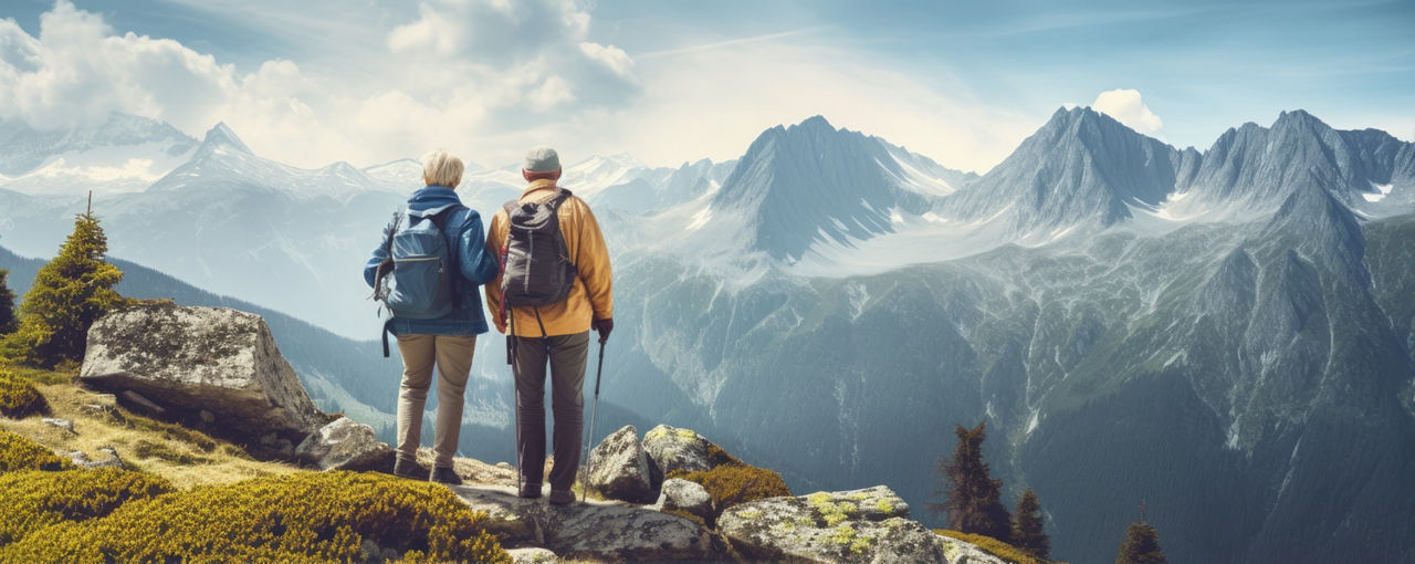 Happy senior couple enjoying their time together on the vacation in mountains. They are hiking. Active retirement concept.
