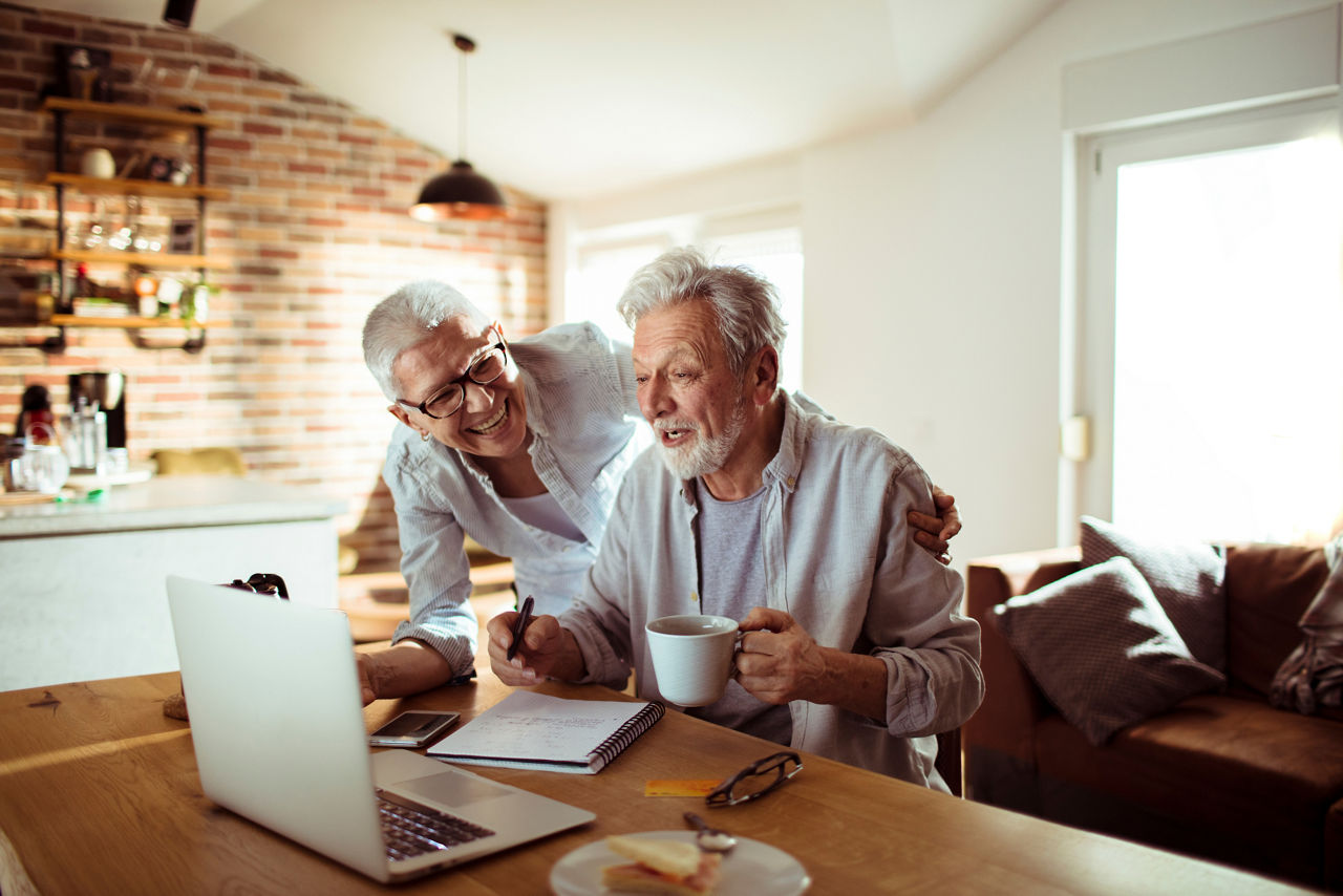 Senior couple using laptop at home