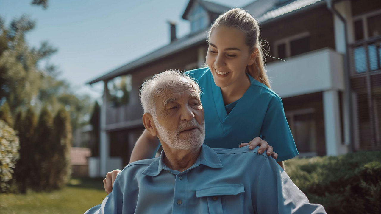 Nurse assisting elderly man in wheelchair outside.