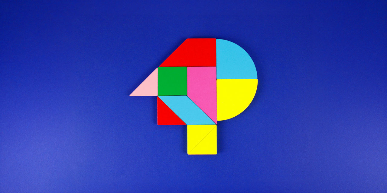 Colorful wooden figures forming a face profile