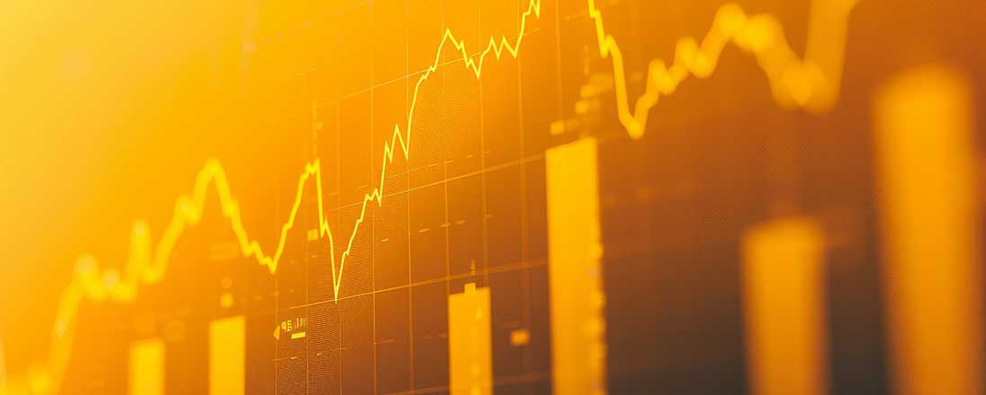 Stock market financial chart with uptrend line graph on a yellow background