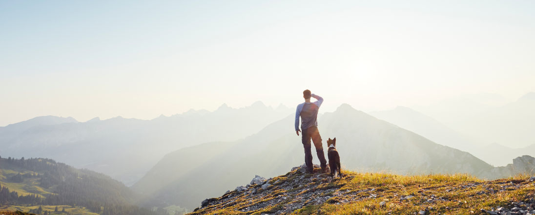 Man with dog looking out over a mountain landscape