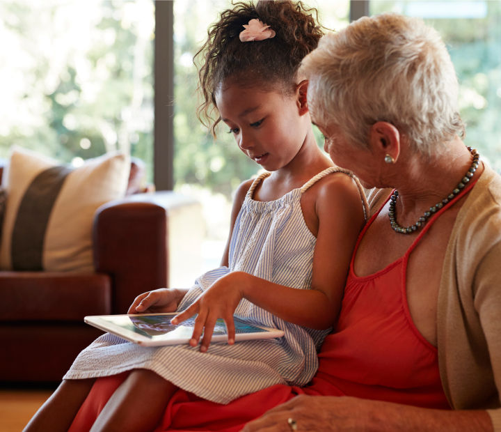 Grandmother and daughter read together.