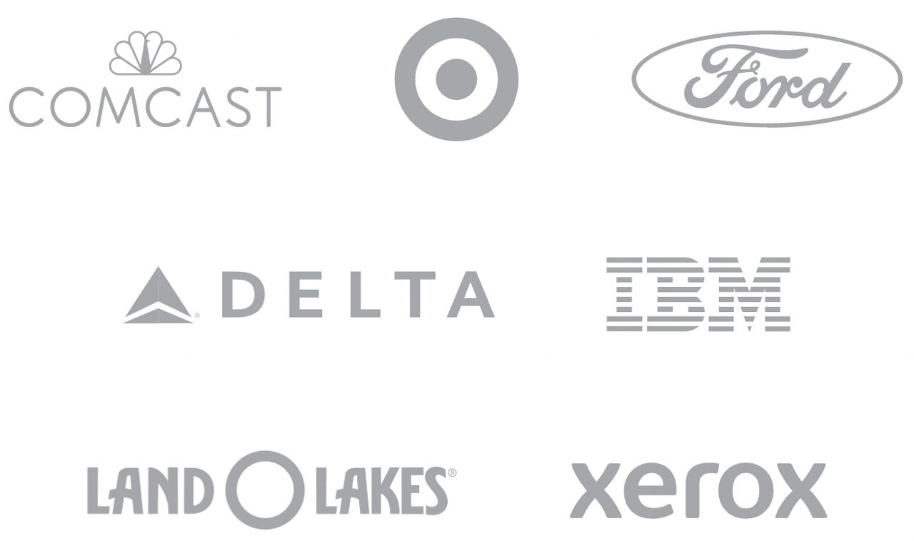 A grid of logos including Comcast, Target, Ford, Delta, IBM, Land O Lakes and Xerox