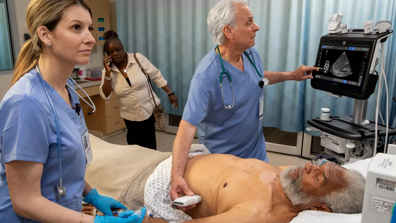 Three doctors looking at Venue Go monitor to help an emergency patient
