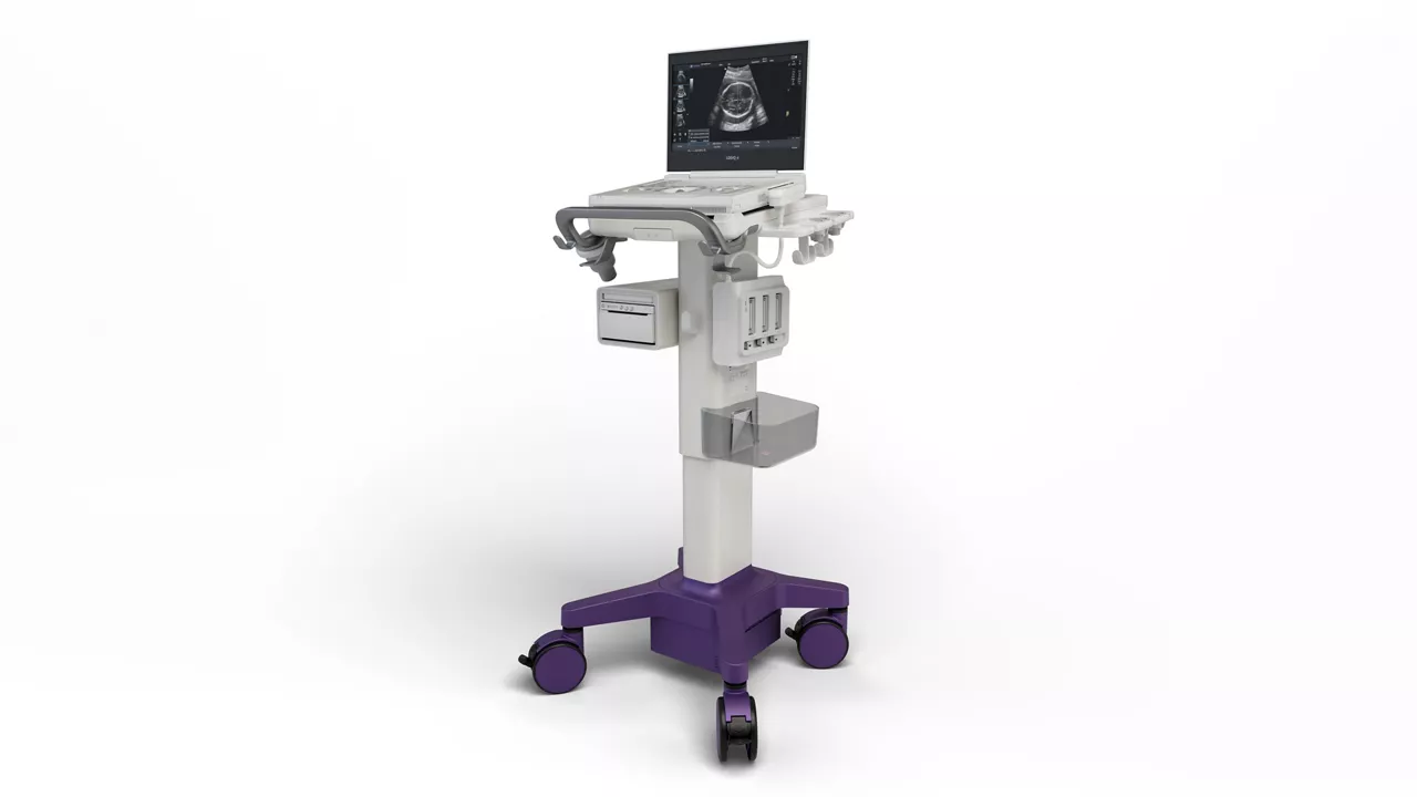 LOGIQ e S laptop ultrasound machine on a cart