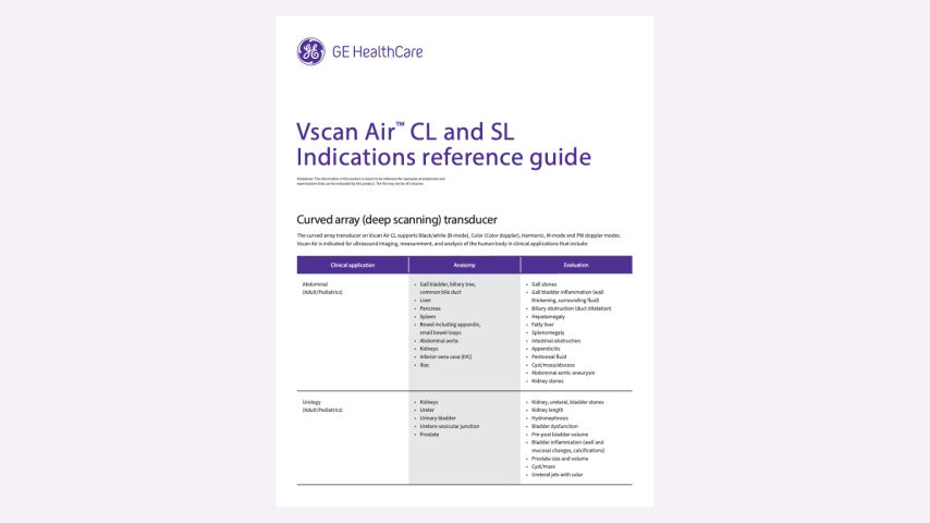 Examples of anatomies and examinations that can be evaluated by Vscan Air CL and Vscan Air SL.