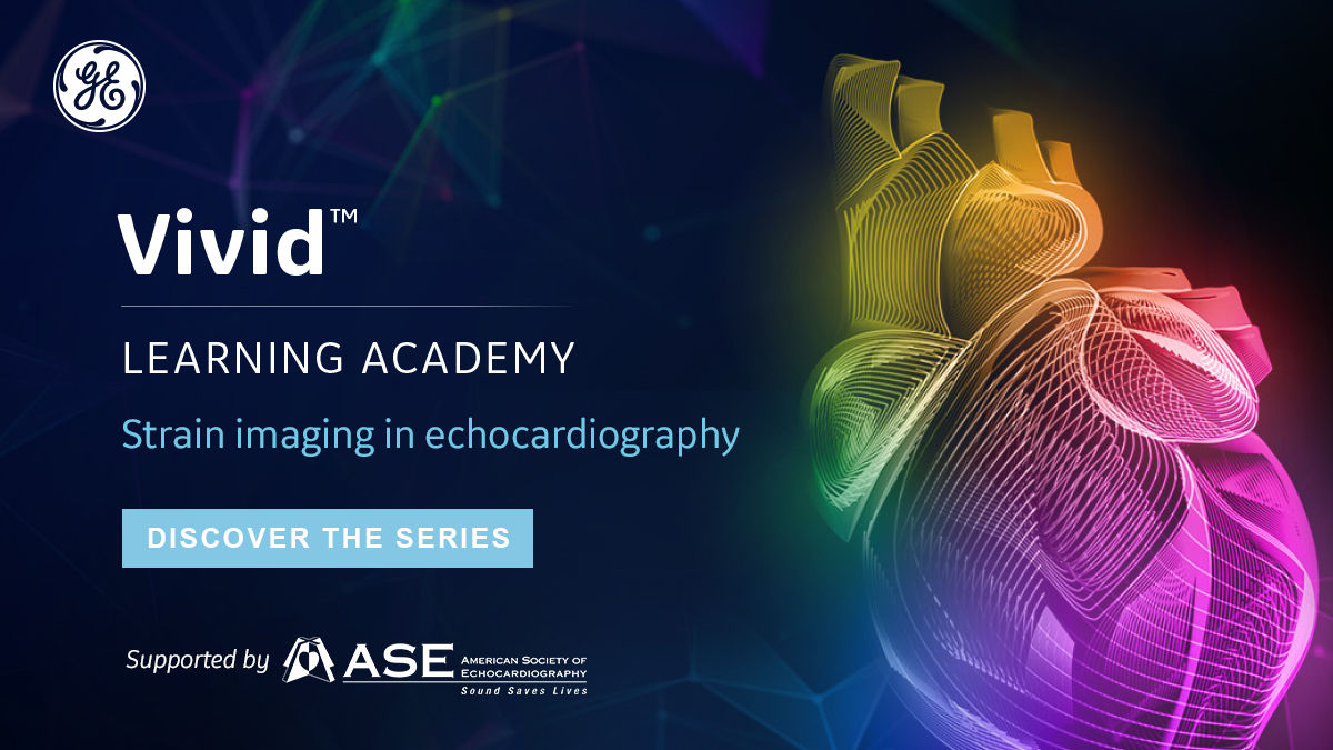 Image of a digitally stylized heart that reads: Vivid Learning Academy, Strain imaging in echocardiography, Discover the series.
