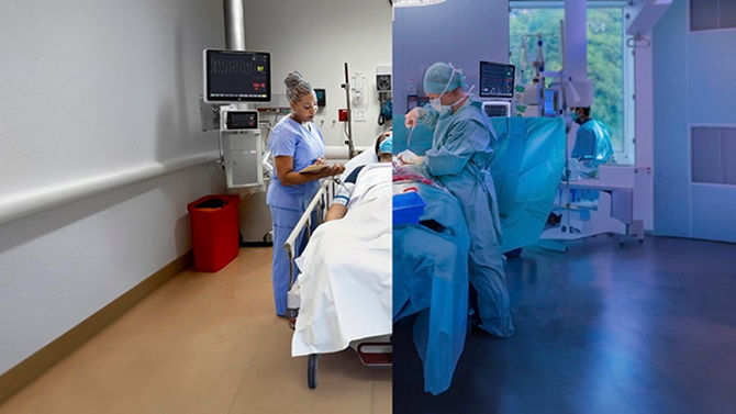 Medical staff prepare a patient for a procedure in a clinical setting equipped with monitoring technology.