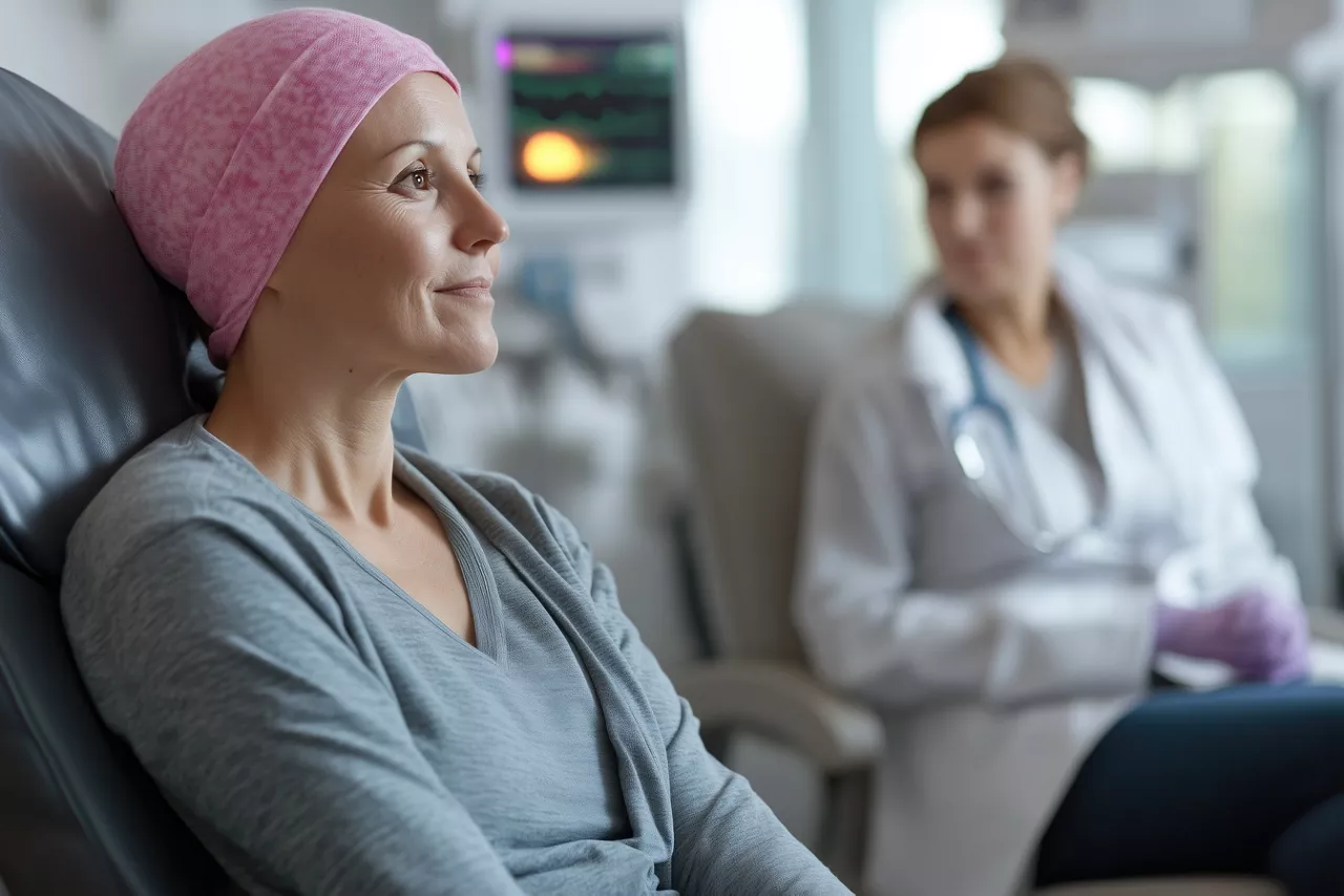 Patient wearing a pink head covering seated in a clinical care setting with a healthcare professional in the background.