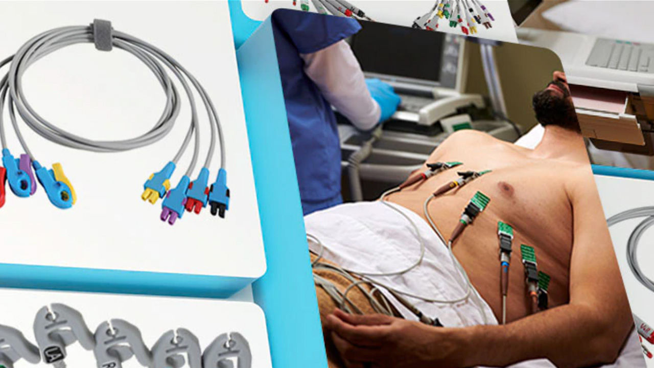 left half of the image shows ECG cables and leadwires, and the right half shows a man laying in a hospital bed with a few test machines connected to his chest