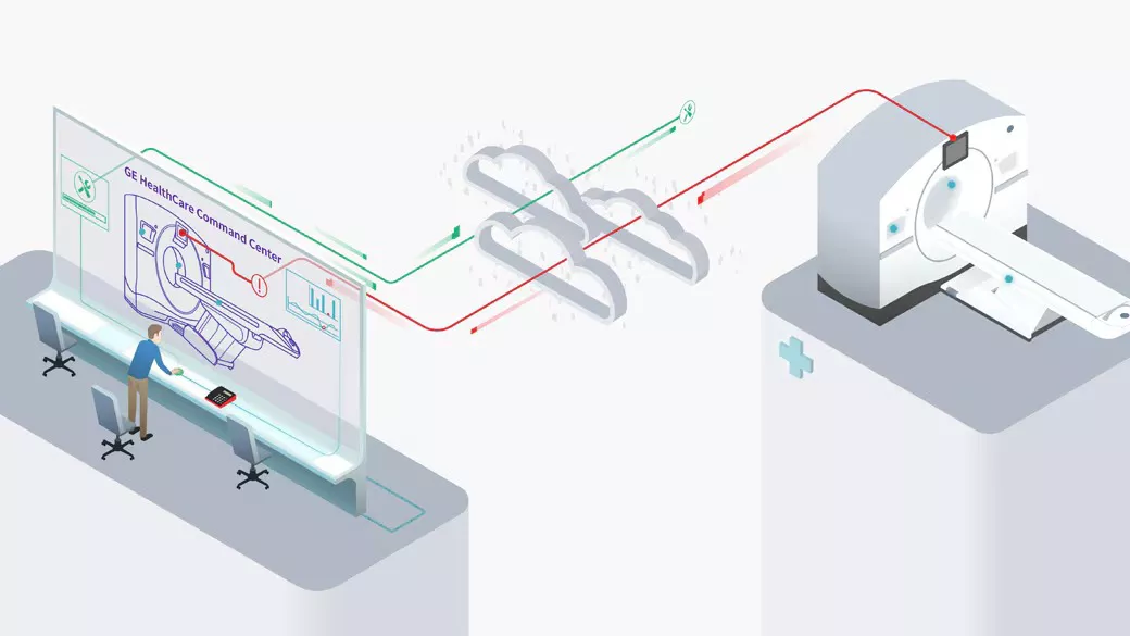 Graphic demonstrating an imaging machine and an off site person sending and receiving data from the cloud