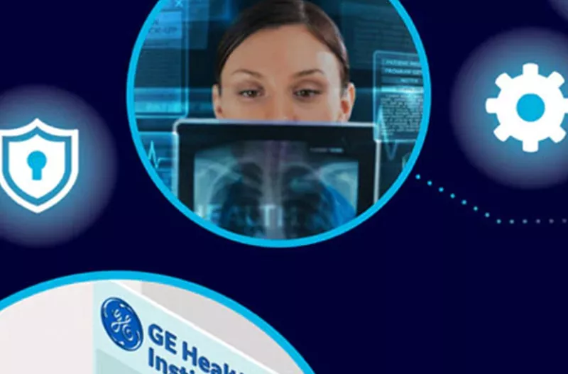 Graphic of an imaging technician holding a tablet with an x-ray of the ribcage