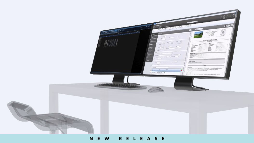 Two computer monitors on a desk showing ultrasound machine analysis