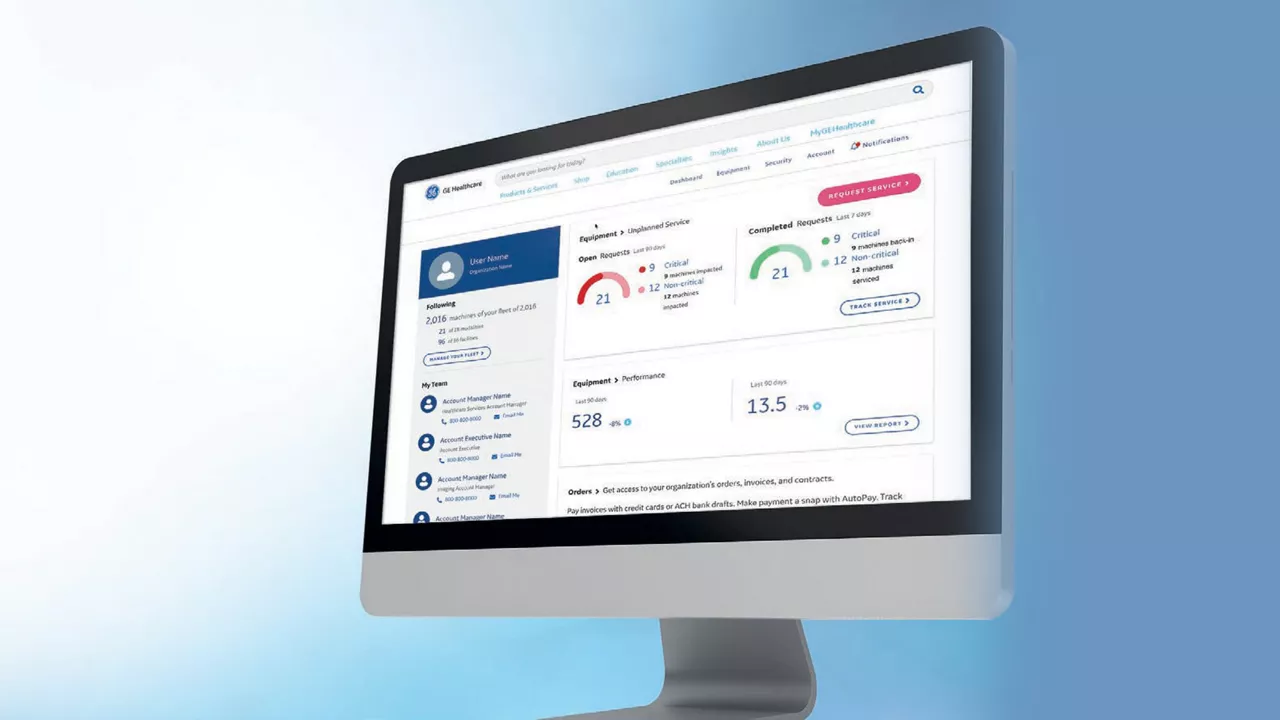 computer monitor showing a screen of the MyGEHealthcare Equipment program