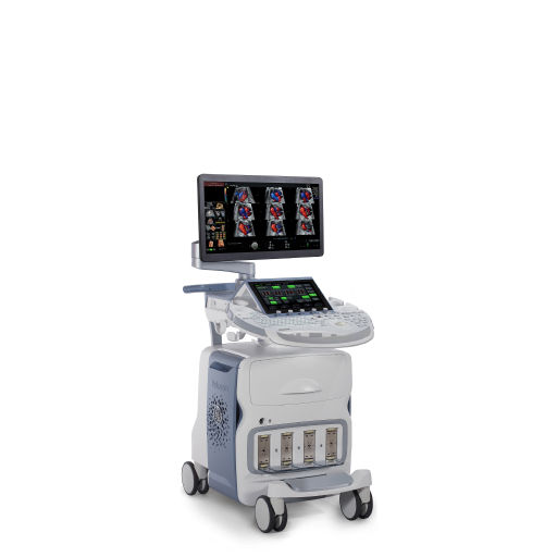 Medical equipment on wheels with monitor and function buttons