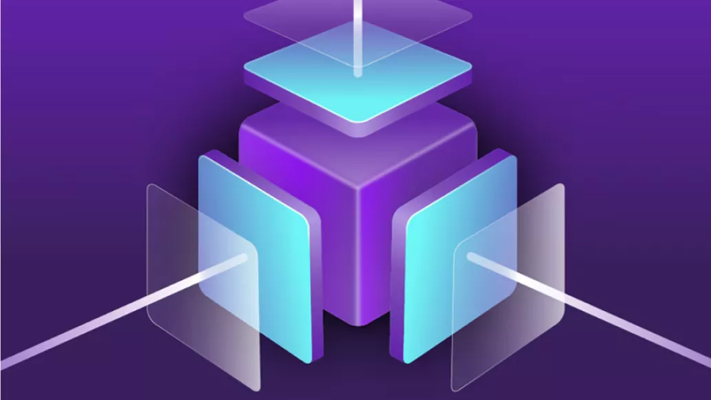 Purple and blue layered cube illustration representing cloud-based healthcare solutions.