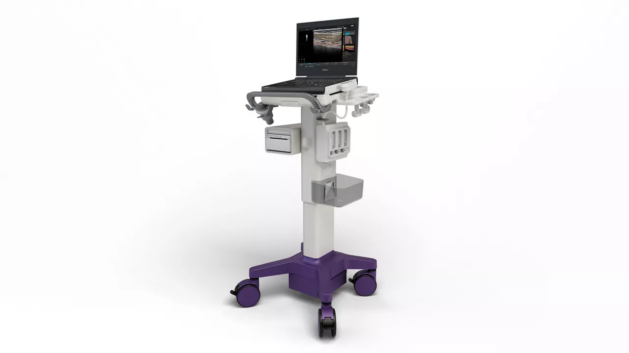LOGIQ e X laptop ultrasound machine on a cart