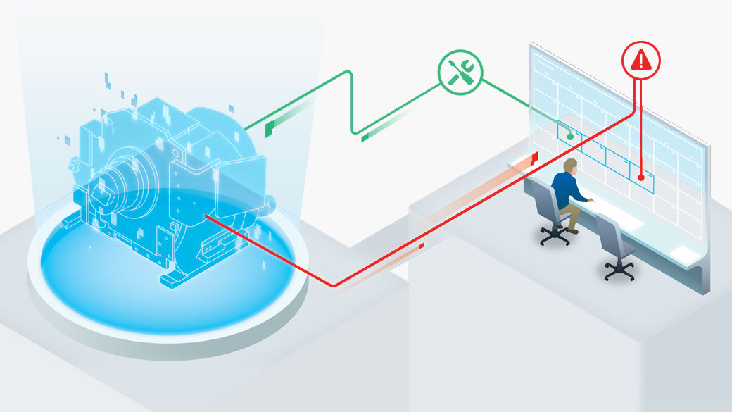 GE Healthcare monitoring station illustration showing a red alert icon and green tools icon linked to an imaging machine