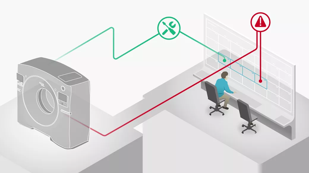 GE Healthcare monitoring station illustration showing a red alert icon and green tools icon linked to an imaging machine