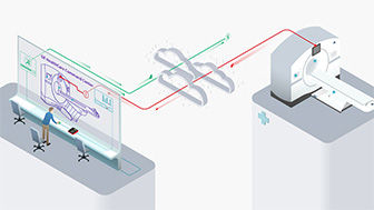 Graphic mockup of GE HealthCare's OnWatch software connecting a monitor to an imaging system