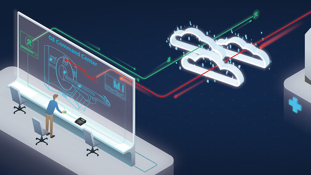 animated graphic of a tech person working behind a desk with the contents of their monitor linked to the cloud - representing OnWatch