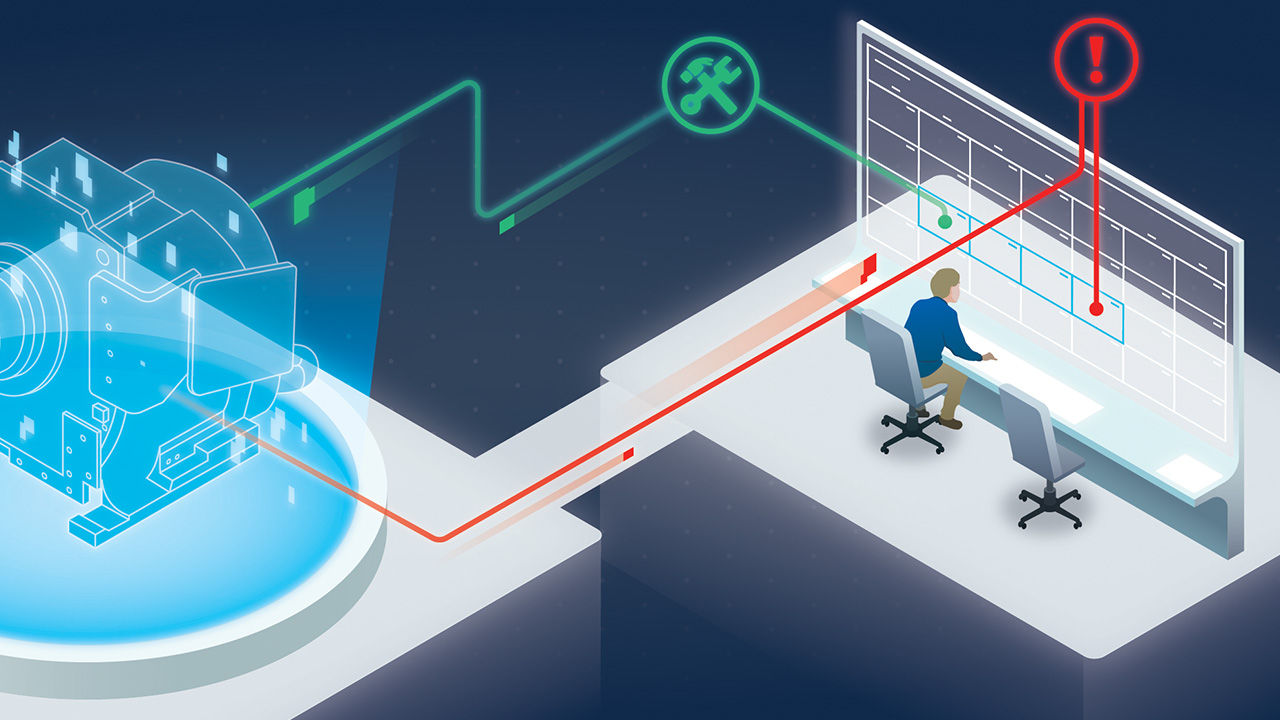 animated graphic of a tech person sitting at a desk looking at a monitor with different machine statuses listed using green and red icons