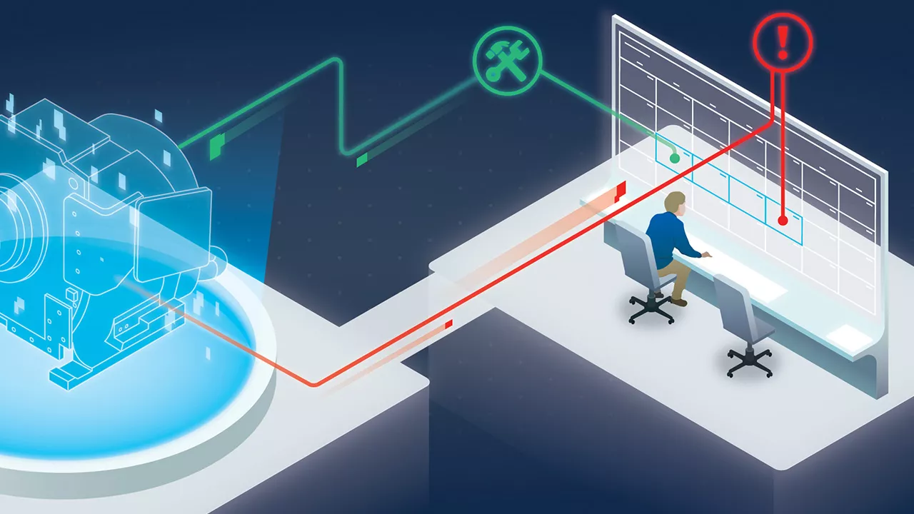 animated graphic of a tech person sitting at a desk looking at a monitor with different machine statuses listed using green and red icons