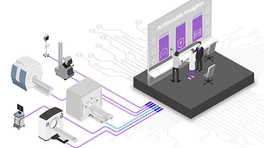 Stylized graphic showing imaging equipment connected to a off site team.
