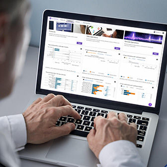 Image of a clinician using a laptop with report data pulled up on the screen.