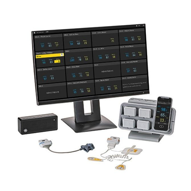 A product family image showing three components of the Portrait Mobile monitoring system in front of a standard computer monitor.
