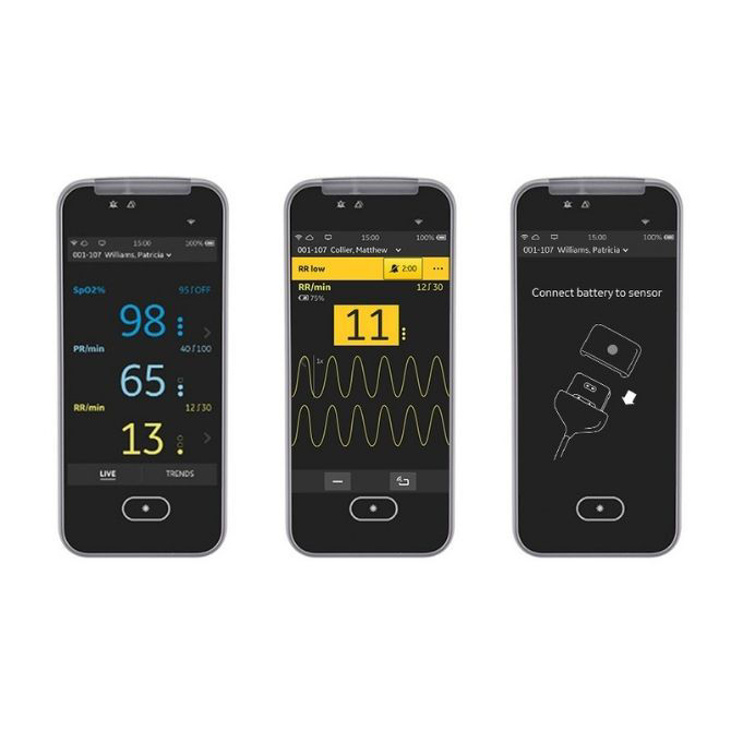 Three Portrait mobile patient monitors side by side horizontally, each showing a different screen with patient data.