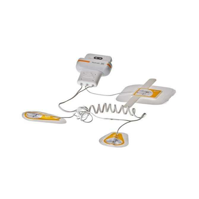 A Portrait wearable respiration rate electrode patch. This device contains a wireless sensor and several electrodes that are placed on the patient's chest to measure respiration rate.