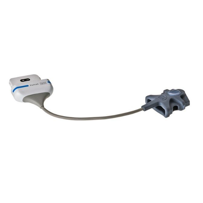 A boot-style Portrait wearable Pulse Oximetry Sensor. One end of the device features a wireless sensor and the other features a boot-style enclosure for the patient's finger.