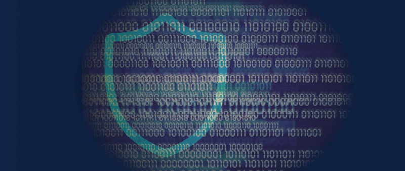 I light blue badge with many lines of binary code over top