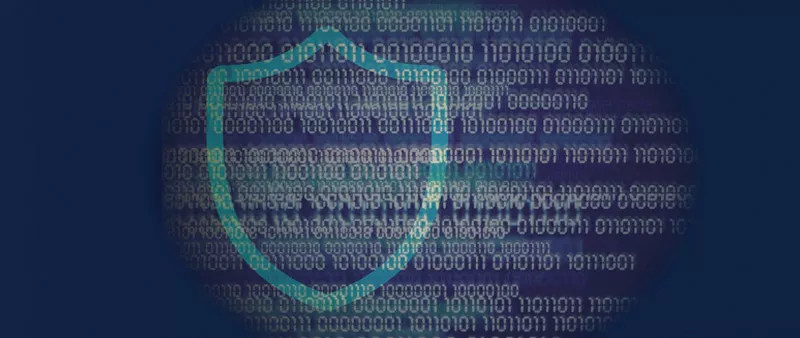 I light blue badge with many lines of binary code over top
