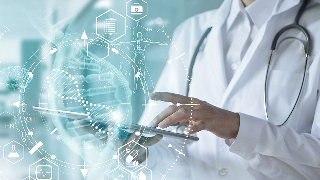 doctor using tablet with icons overlaid