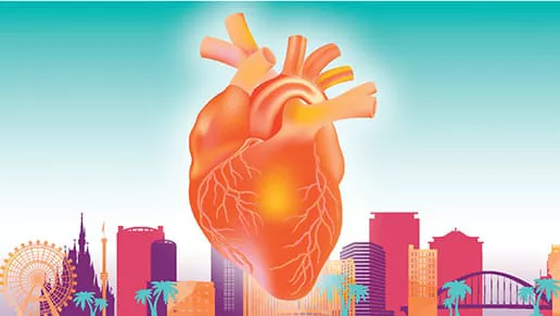 Image of a heart with a city backdrop in the background.