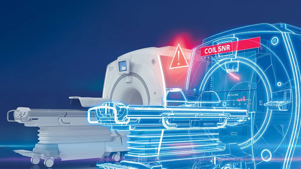 Photo of an imaging machine part overlayed on top of a glowing illustration of an imaging machine with a red, glowing alert symbol