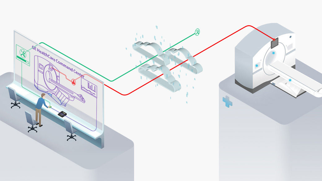 Stylized illustration of a imaging machine connecting to the cloud, and a computer